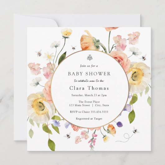 Mom to BEE Floral Baby Shower Invitation 招待状 (正面)