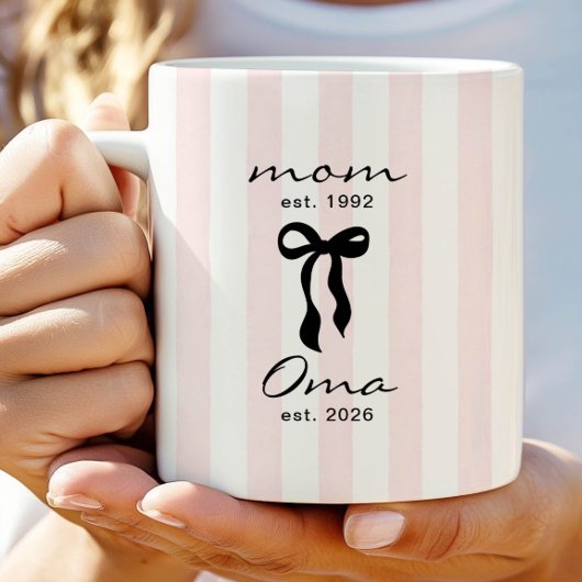 Mom to Oma Mug Pink Bow Stripes コーヒーマグカップ