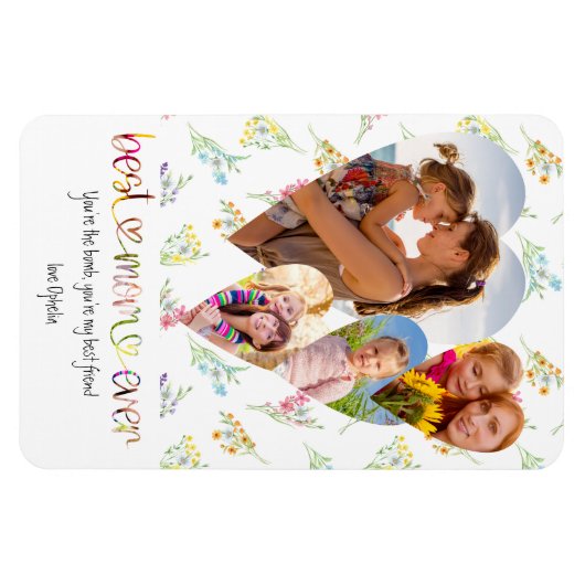 Mom Wildflowerかわいらしタイポグラフィアート4ハート写真 マグネット (横)