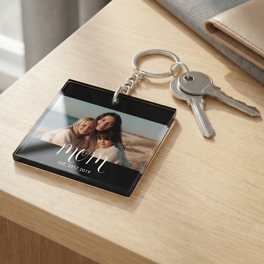 MomEstablishedBlack White Script Photo キーホルダー
