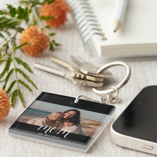 MomEstablishedBlack White Script Photo キーホルダー (正面右)