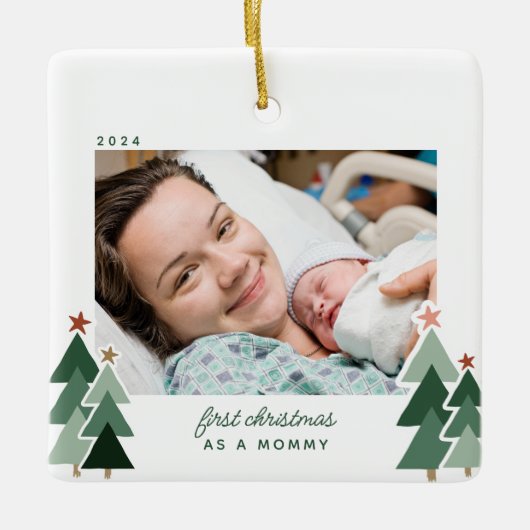 Mommyの初めてのクリスマス素朴ツリー写真 セラミックオーナメント (正面)