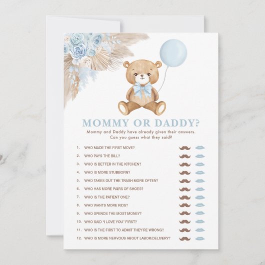 MommyまたはDaddy Boho Bearベビーシャワーゲームカード 招待状 (正面)