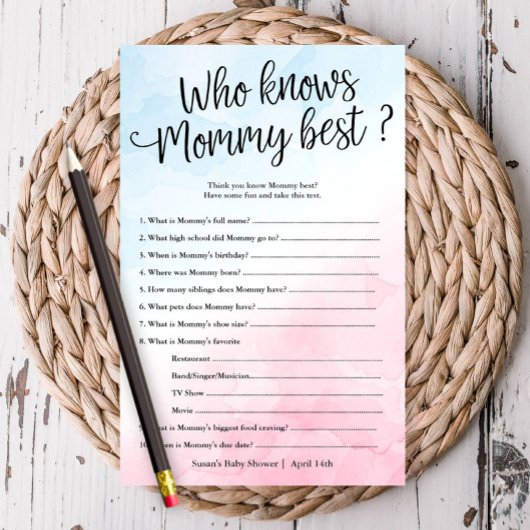 Mommyシャワーを知っているピンク&ブルー紙ゲームカード チラシ