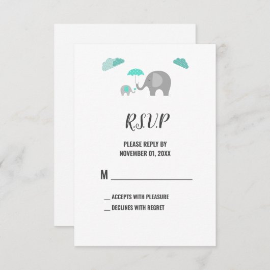 Mommyベビーゾウと雲シャワーRSVPカード 出欠カード (正面/裏面)