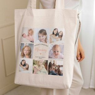 Mommy写真スタイリッシュコラージピンクハート トートバッグ