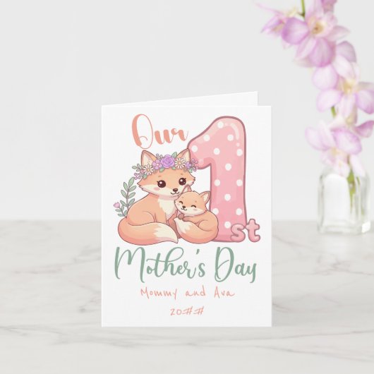 Mommy and Baby Fox Pink 1st Mothers Day カード (蘭)