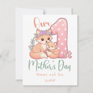 Mommy and Baby Fox Pink 1st Mothers Day サンキューカード
