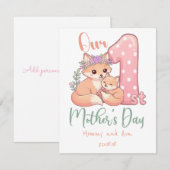 Mommy and Baby Fox Pink 1st Mothers Day サンキューカード (正面/裏面)