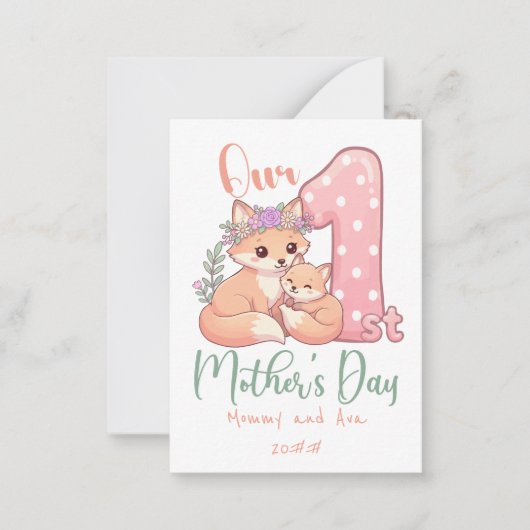 Mommy and Baby Fox Pink 1st Mothers Day ノートカード (正面)