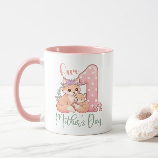 Mommy and Baby Fox Pink 1st Mothers Day マグカップ (ドーナツ)
