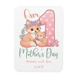Mommy and Baby Fox Pink 1st Mothers Day マグネット