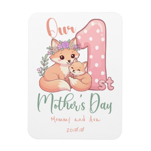 Mommy and Baby Fox Pink 1st Mothers Day マグネット (縦)