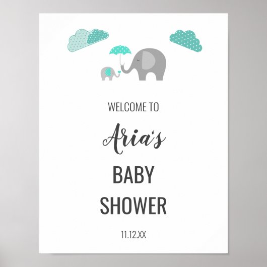 Mommy Baby Elephant Clouds Baby Shower Welcome ポスター (正面)