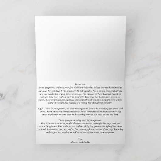 Mommy&Daddyの息子のために折り畳まれた1番目の誕生日カード サンキューカード (内部)