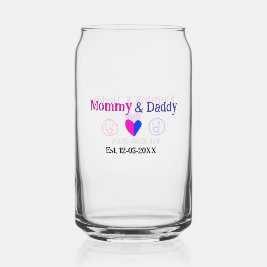 Mommy & Daddy新しい親の名前を追加する日付ハート青 ガラス缶 (正面)