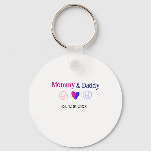 Mommy & Daddy新しい親の名前を追加する日付ハート青 キーホルダー (正面)