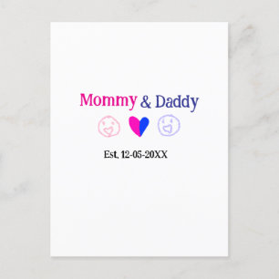 Mommy & Daddy新しい親の名前を追加する日付ハート青 ポストカード