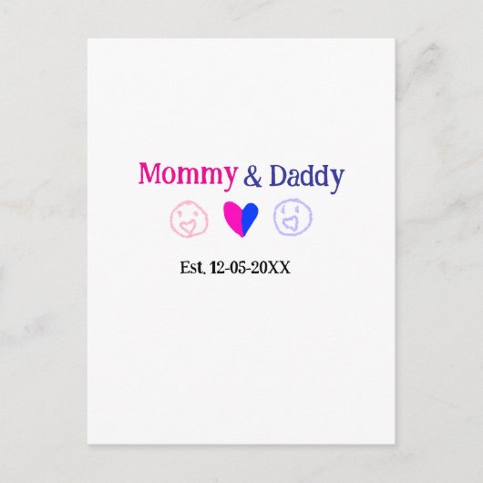 Mommy & Daddy新しい親の名前を追加する日付ハート青 ポストカード (正面)