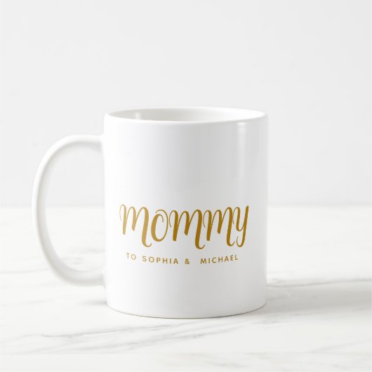 Mommy Kids Names金ゴールドスクリプト母の日 コーヒーマグカップ (左)