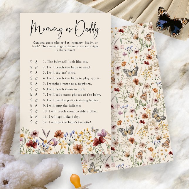 Mommy Or Daddy ベビーゲーム (Boho Floral Mommy Or Daddy Baby Game Card by Painted Paperie
)