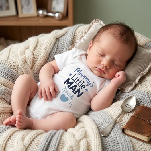 Mommy’s Little Man Cute Blue Baby Boy Typography ベビーボディスーツ