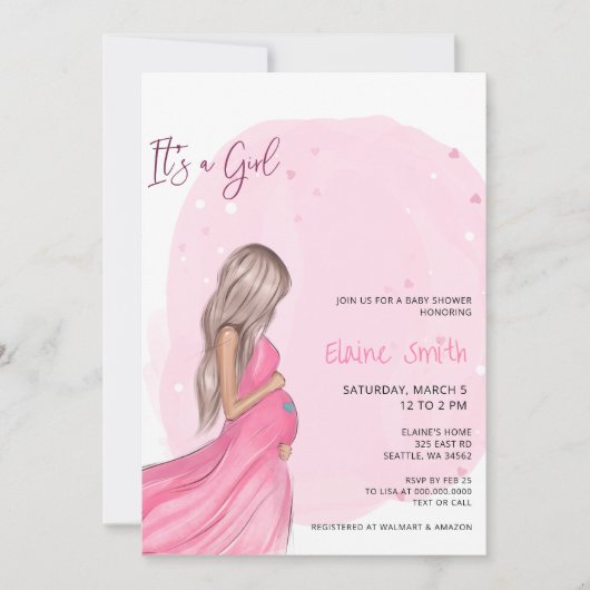 Mommy to Be Pink Its a Girl Baby Shower 招待状 (正面)