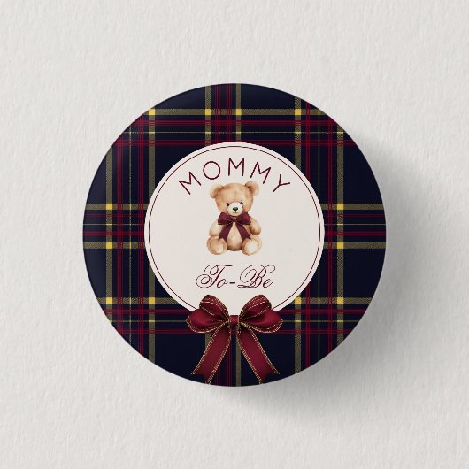 Mommy To be Wine Red Plaid Teddy Bear 缶バッジ (正面)