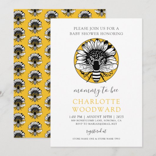 Mommy To Beat Honey Bee Sunflower Baby Shower Invi 招待状 (正面/裏面)