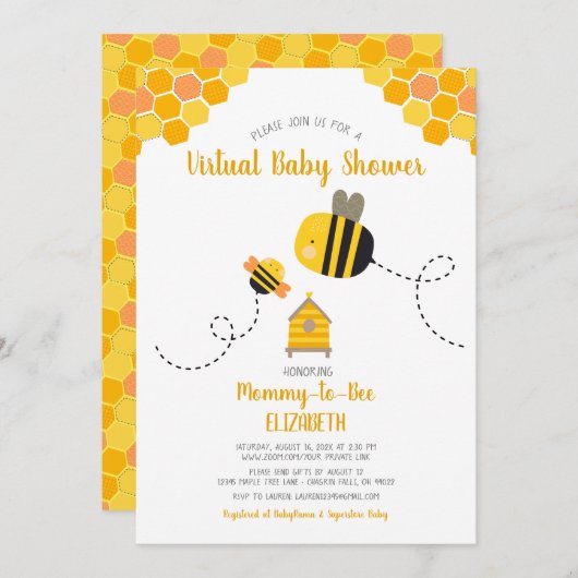Mommy to Beeバーチャル甘い可愛いかわいい赤ちゃんシャワー 招待状 (正面/裏面)