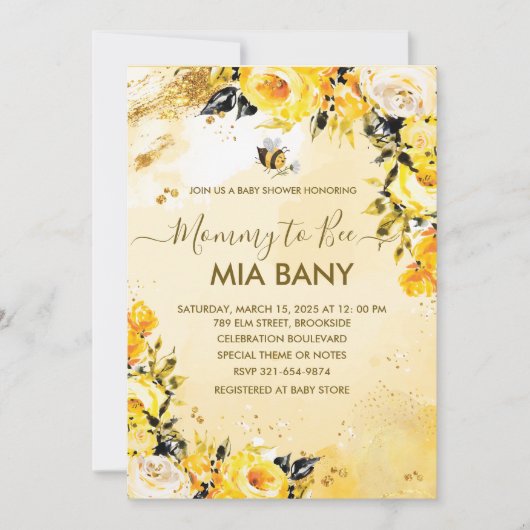 Mommy to Bee水色フローラおもしろいベビーシャワー 招待状 (正面)