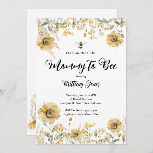 Mommy to Bee赤ちゃんシャワーひまわり夏 招待状 (正面/裏面)