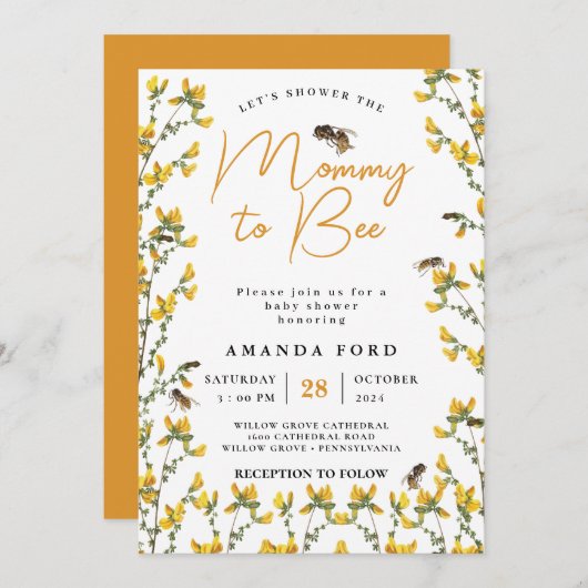 Mommy to Bee野生の花の黄色のフローラ赤ちゃんシャワー 招待状 (正面/裏面)