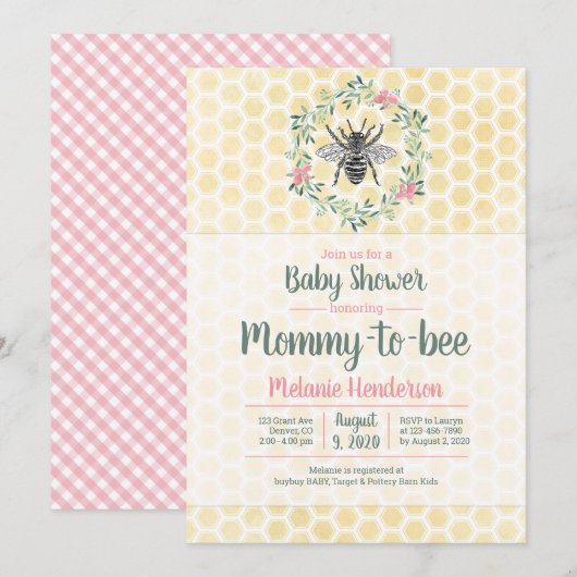 Mommy to bee,ハニカム,ギンガム,女の子の赤ちゃんシャワー 招待状 (正面/裏面)