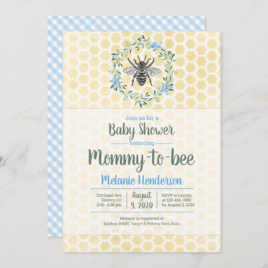 Mommy to bee,ハニカム,ギンガム,男の子の赤ちゃんシャワー 招待状 (正面/裏面)