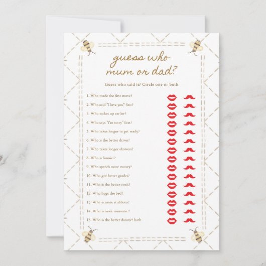 Mommy To Bee Baby Showerママまたはパパゲームカード 招待状 (正面)