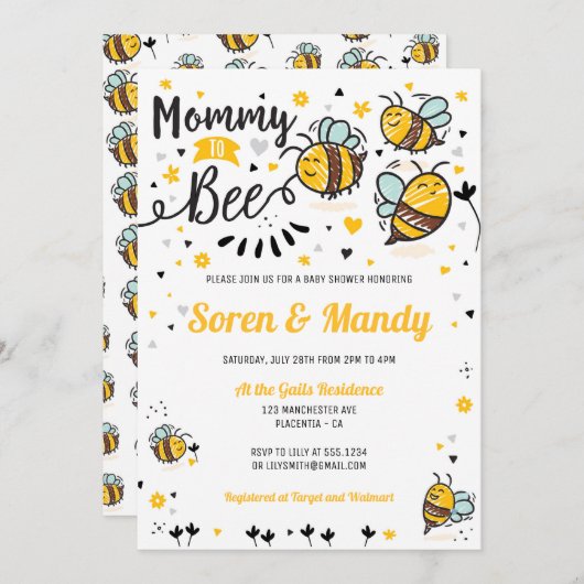 Mommy to Bee Baby Shower 招待状 (正面/裏面)