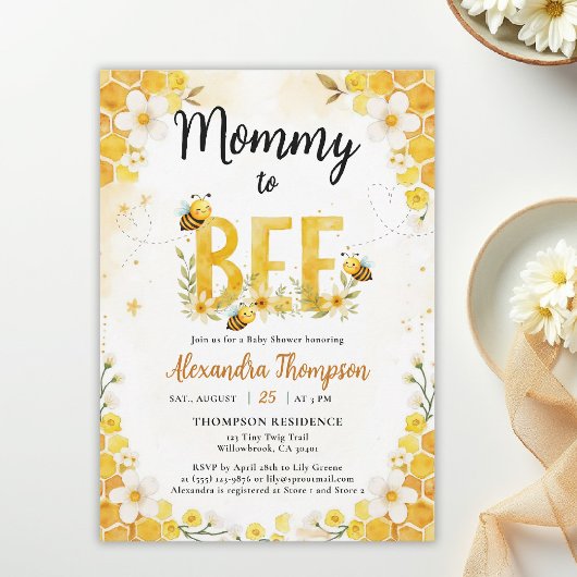 Mommy to Bee Cute Whimsical Floral Baby Shower 招待状