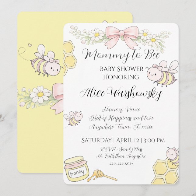 Mommy to Bee pink bow girls baby shower invitation (正面/裏面)
