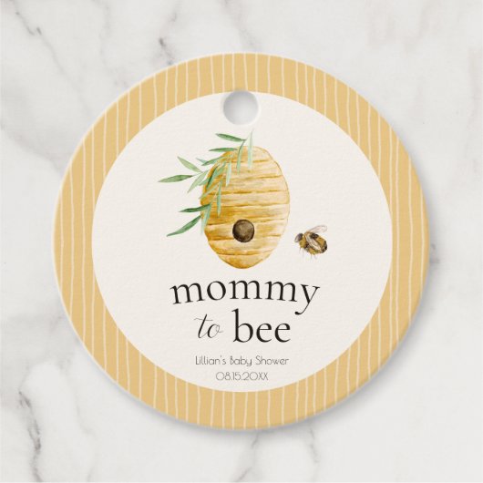 Mommy To Bee Striped Yellow Honey Bee Baby Shower フェイバータグ (正面)