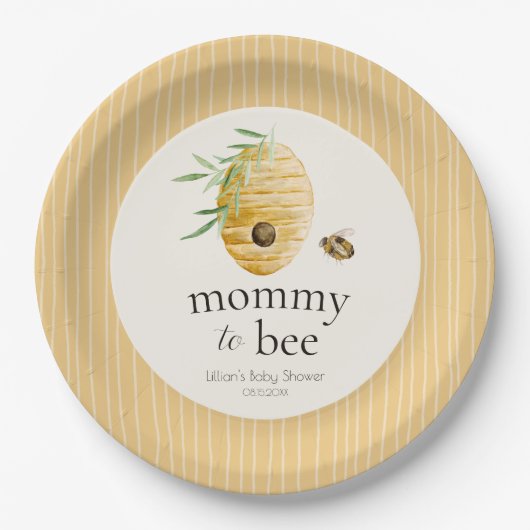 Mommy To Bee Striped Yellow Honey Bee Baby Shower  ペーパープレート (正面)