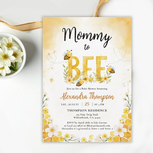 Mommy to Bee Whimsical Floral Cute Baby Shower 招待状