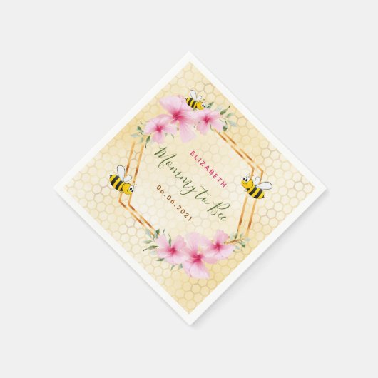 Mommy to behinumピンクの花模様赤ちゃんシャワー スタンダードカクテルナプキン (角)