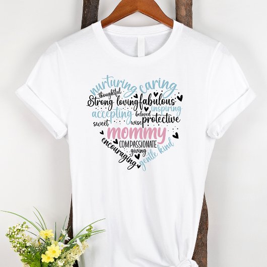 Mommy Word Cloud BlueおよびPinkハート Tシャツ
