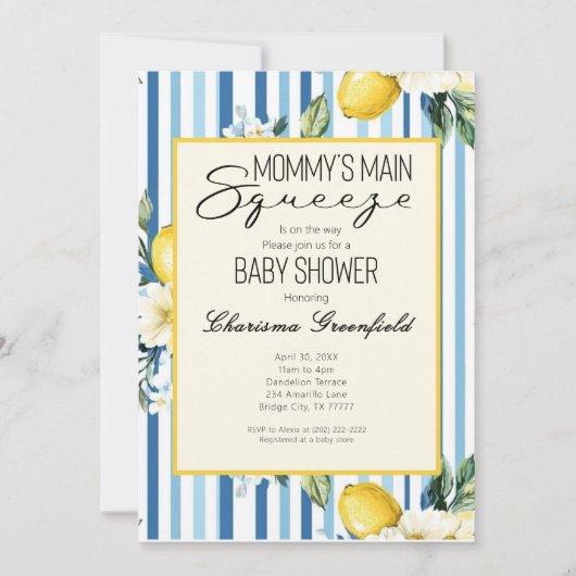  Mommy's Main Squeeze Lemon Blue Boy Baby Shower 招待状 (正面)