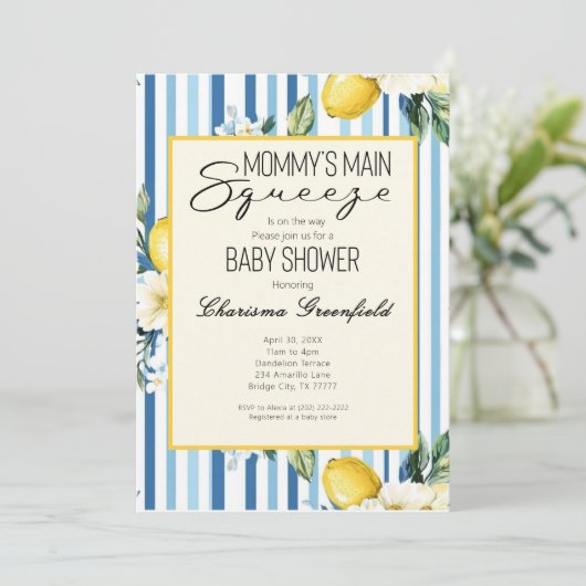 Mommy's Main Squeeze Lemon Blue Boy Baby Shower 招待状 (スタンド正面)