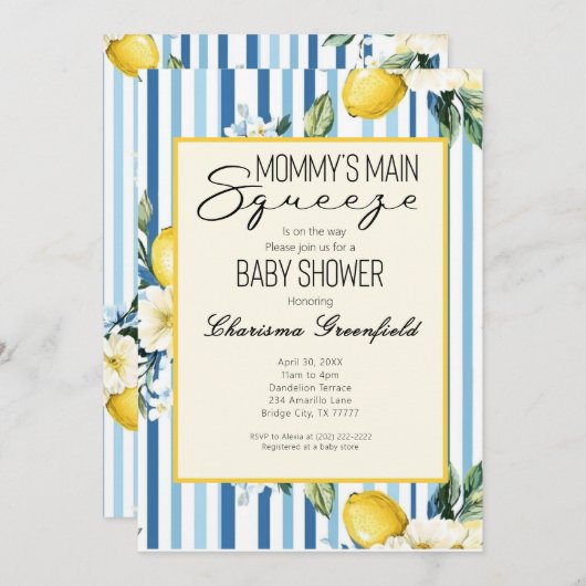  Mommy's Main Squeeze Lemon Blue Boy Baby Shower 招待状 (正面/裏面)
