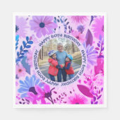 Moms誕生日ピンクと青のフォトフローラパーティー スタンダードランチョンナプキン (正面)