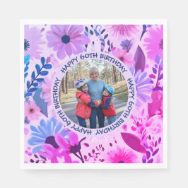 Moms誕生日ピンクと青のフォトフローラパーティー スタンダードランチョンナプキン