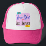 Moms Diner and Taxi Service Funny Saying キャップ<br><div class="desc">Mom's Diner and Taxi Service,  Open 24 7 Serving the Entire Community. Funny advertising art mom humor saying for mothers who drive the kids,  in retro 1950's blue letters on a light pink background.</div>